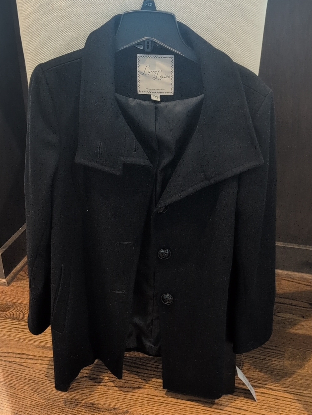 Larry Levine Black Wool-Blend Pea Coat with Classic Collar NWT